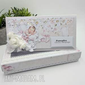 kartka dl - pamiątka chrztu świętego z kwiatami 3d, pudelkiem