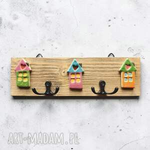 Wieszak na klucze z domkami - drewniany handmade