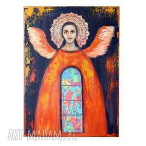anioł minia /1/, obraz ręcznie malowany, collage, miniatura