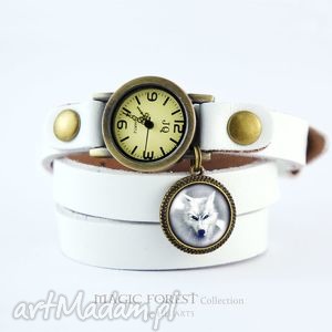 handmade bransoletka, zegarek - biały wilk - biały, skórzany