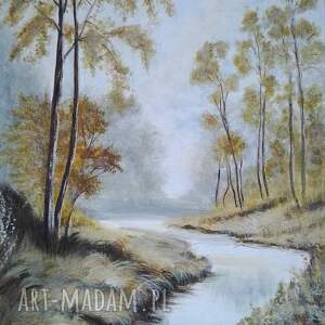 obraz ręcznie malowany akrylowy szaro, dżdżysto, mglisto - 40x30cm, drzewa