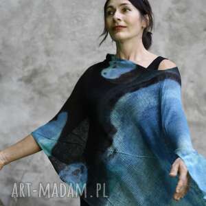 handmade poncho tunika - ponczo czarno turkus niebiesko habrowe