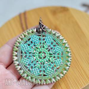mandala zieleń turkus - naszyjnik miedziany w energetyzującym kolorze, biżuteria
