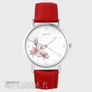 ręcznie zrobione zegarki zegarek - różowa lilia - czerwony, skórzany