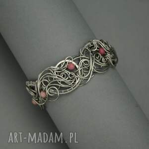 handmade szeroka bransoleta różowy rodonit wire wrapping bransoletka unikatowa