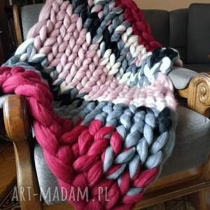 Prezent Kolorowy koc narzuta z wełny czesankowej 100% merynos