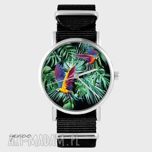 handmade zegarki zegarek papugi, tropikalny czarny, nato, palmy, liście