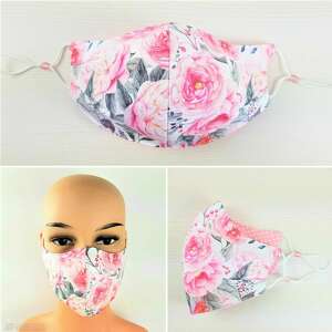 różowo szara, czterowarstwowa maseczka w kwiaty dwustronna maska bawełna