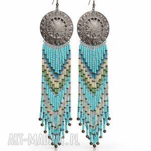 Kolczyki Długie Boho - Etniczne Mandale i Turkusowe Koraliki