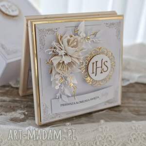 scrapbooking kartki elegancka kartka na komunię w drewnianym pudełku, prezenty