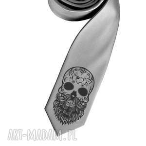 krawat z nadrukiem - czacha brodą, czaszka, szary
