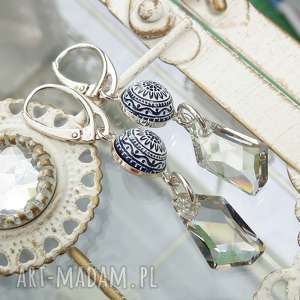 ekskluzywne ręcznie robione kolczyki - srebro, mozaika i kryształ, wiszące