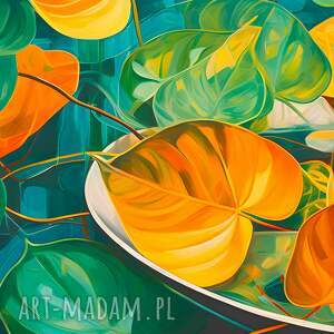 obraz na płótnie - kwiaty liście martwa natura nowoczesny kolorowy 120x80 cm