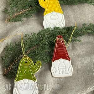 zestaw kolorowych zawieszek ceramicznych - 3 skrzaty, zawieszki świąteczne