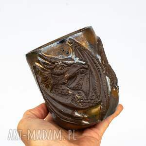 kubek z smokiem spiżowy czarno złoty kamionka satyna 600 ml, ceramika