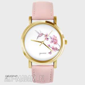 handmade zegarki zegarek - koliber - pudrowy róż, skórzany, złoty