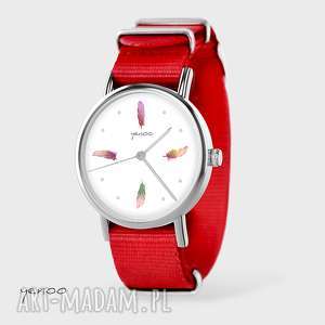 zegarek, bransoletka - kolorowe piórka czerwony, nato, nylonowy, prezent