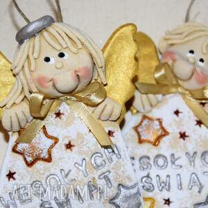 handmade upominek na święta jak kartka świąteczna - aniołki z masy