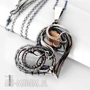 smoky heart srebrny naszynik z kwarcem dymnym, wirewrapping, naszyjnik prezent