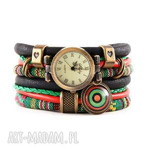 zegarek - bransoletka w stylu boho, zielony, czerwony, czarny