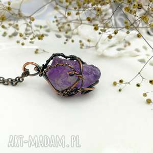 ametyst w miedzi - naszyjnik z wisiorem stylu hippie/boho wire wrapping