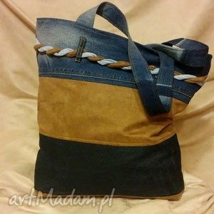 torba w trzy pasy z plecionką, jeans recykling, modna, ramię