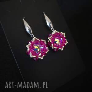 różowe wiszące kolczyki crystal fuchsia maxima z kryształków preciosa, różowa