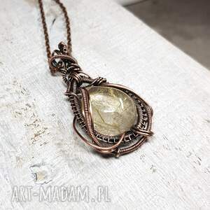 wisiorki kwarc ze złotym rutylem m263, wire wrapping, rękodzieło