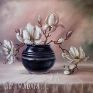 magnolia, kwiaty, bukiet w wazonie, obraz olejny, l olbrycht, ręcznie malowany
