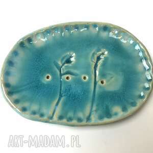 ceramiczna mydelniczka turkusowe kwiaty, akcesoria łazienkowe, ceramika ręcznie