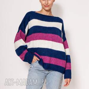 oversizeowy sweter w paski - swe299 kobalt/róż/ecru mkm swetrowa