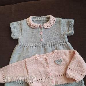 komplet niemowlęcy szare serduszko, komplecik, sukienka, sweterek, na drutach