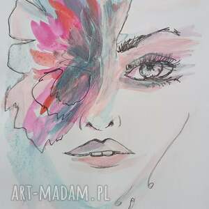 Zaklęta w kwiat - autorska grafika kobiety A4 mixed media