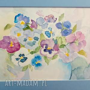 obraz ręcznie malowany subtelnymi plamami bratki w wazonie akwarela 48x34