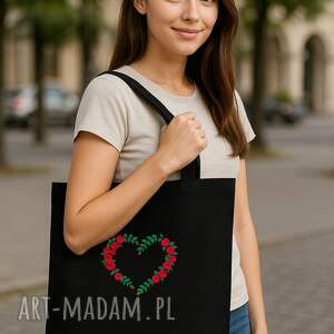 ️ ręcznie haftowane serce róża - czarna ekologiczna torba na zakupy