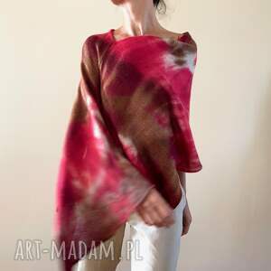 poncho narzutka z wełny merino red brown ponczo, unikat prezent dla niej