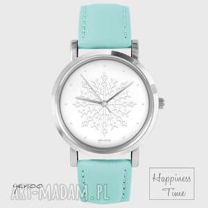 zegarki zegarek - płatek śniegu skórzany, turkusowy, pasek, śnieżynka