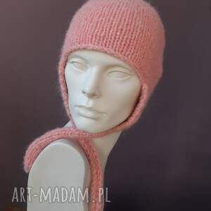 alpaca pilotka z węzełkiem morelowa balaclava czapka nausznikami