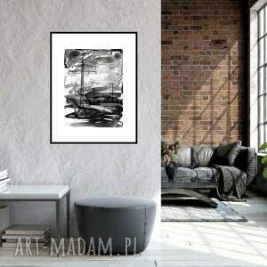 grafika z cyklu pejzaże industrialne malowana ręcznie 30cm x 40cm, czarny tusz