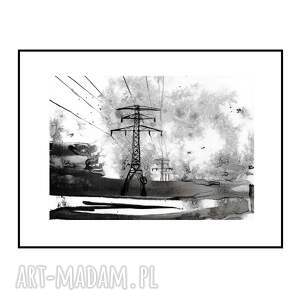 grafika z cyklu pejzaże industrialne malowana ręcznie 21cm x 30cm, abstrakcja