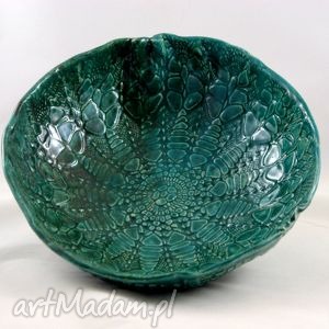 handmade ceramika patera turkusowa z koronką