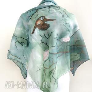 apaszka jedwabna wróble, malowane apaszki, japoński styl chusta