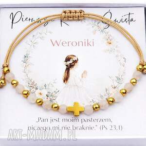 bransoletka różaniec kwarc hematyt ręcznie robiona, prezent na komunię św