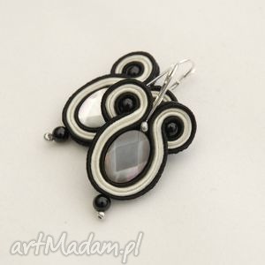 kolczyki sutasz z muszlą, soutache, eleganckie, sznurek, srebrne