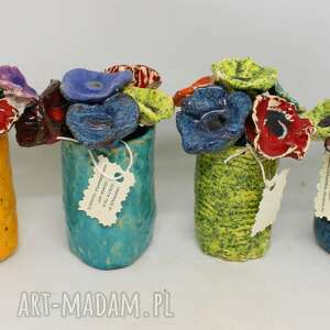 piękny wyjątkowy komplet kwiaty ceramiczne 6szt i wazonik handmade rekodzieło