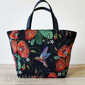 na ramię shopper bag - maki i kolorowe kolibry, elegancka, nowoczesna, pakowna
