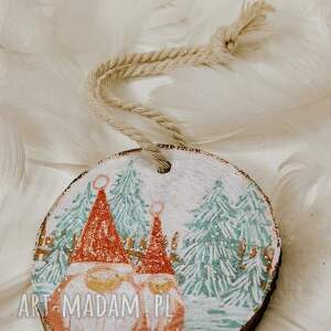 ręcznie malowana bombka na choinkę, drewniana krasnale, prezent pod choinkę