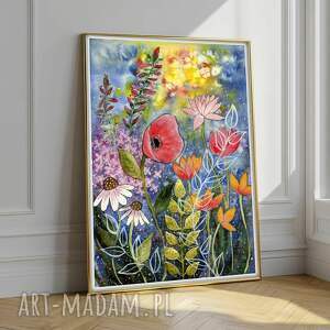 Kwiaty. Plakat 50x70cm, akwarela, łąka, trawy