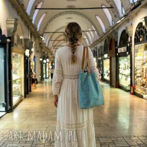 Torba tote XXL na ramię szałwia - welur i skóra naturalna handmade