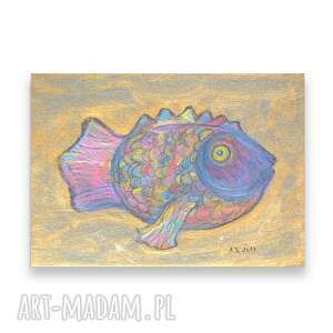kolorowy rysunek z rybką, ryba obraz, nowoczesna grafika do biura, złoty obrazek
